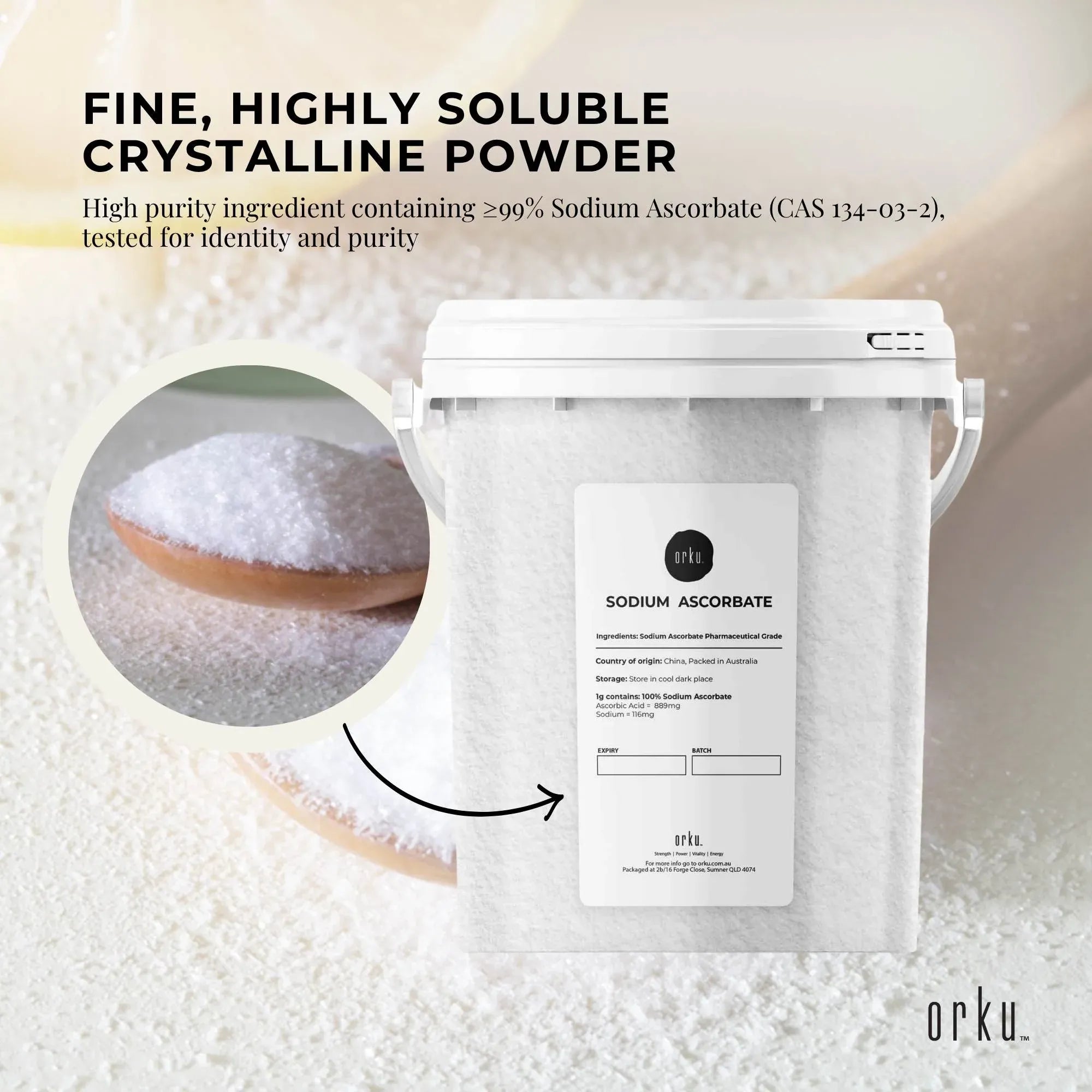 Orku 1.2Kg Sodium Ascorbate Tub - High Purity Soluble Crystalline Powder