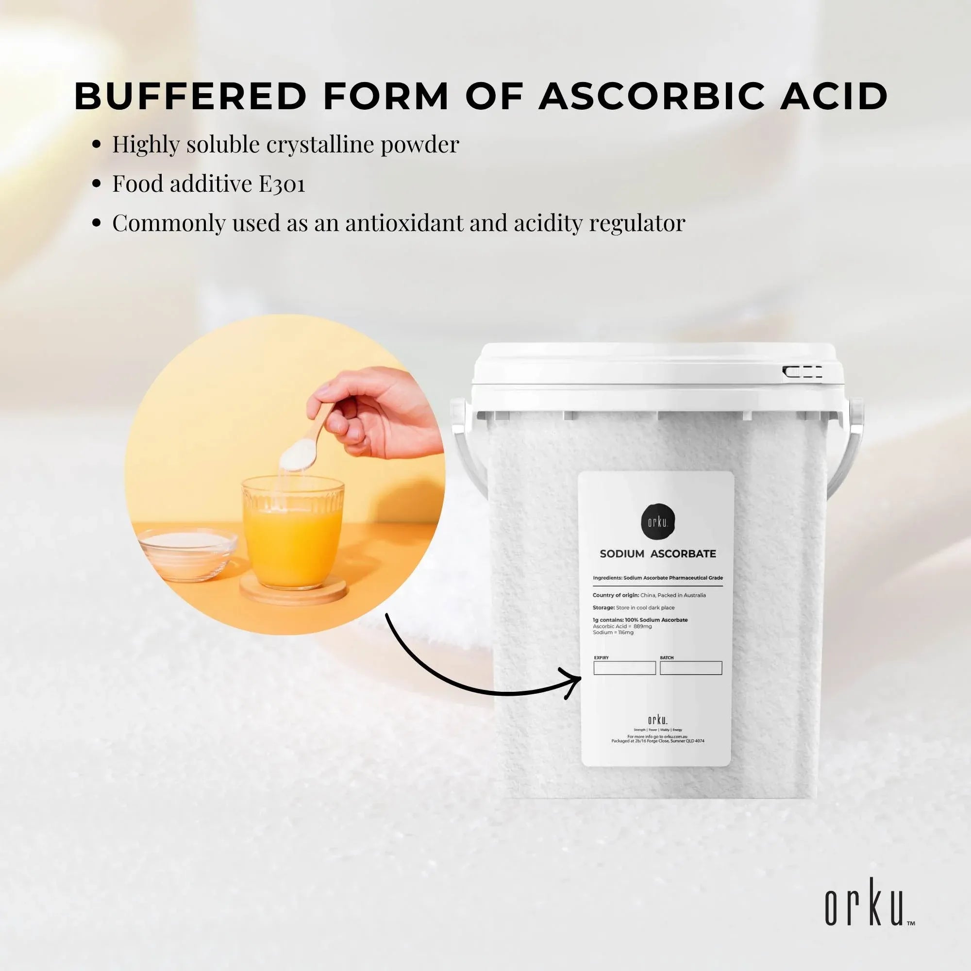 Orku 1.2Kg Sodium Ascorbate Tub - High Purity Soluble Crystalline Powder