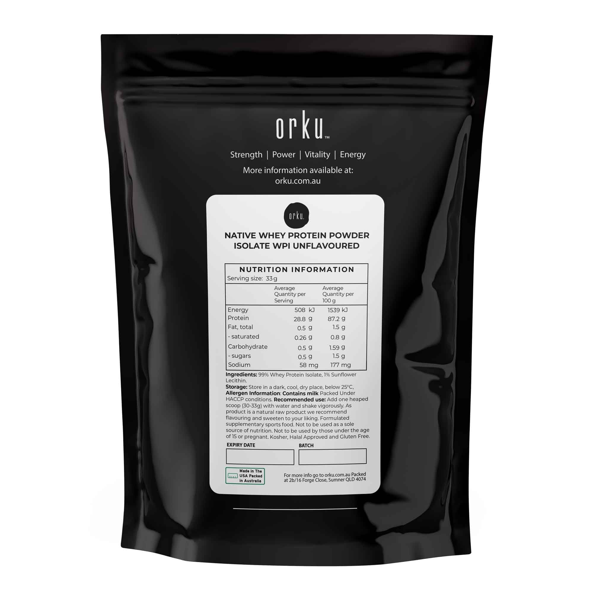 Orku 1Kg WPI Whey Protein Isolate Powder - Unflavoured Native Bag
