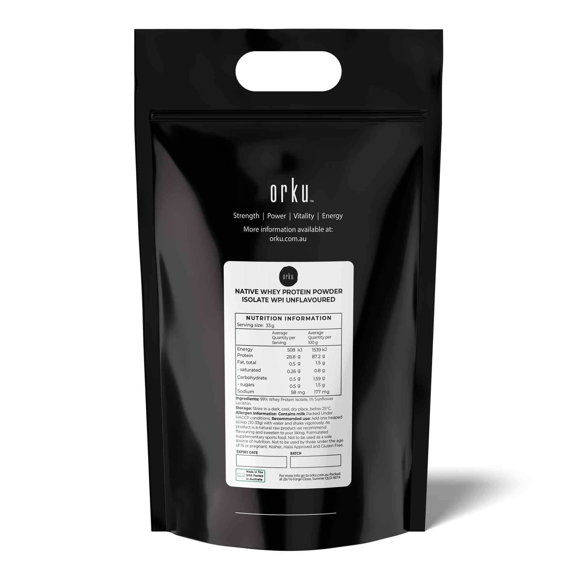 Orku 5Kg WPI Whey Protein Isolate Powder - Unflavoured Native Bag