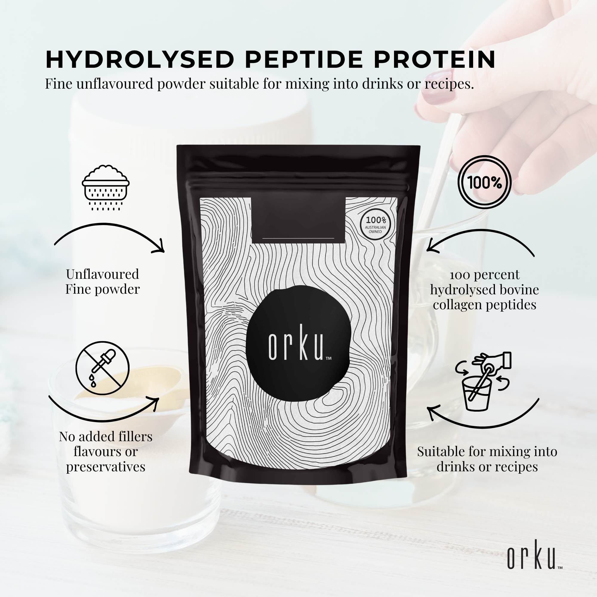 Orku 1Kg Bovine Collagen Peptides Powder Hydrolysed Protein Unflavoured