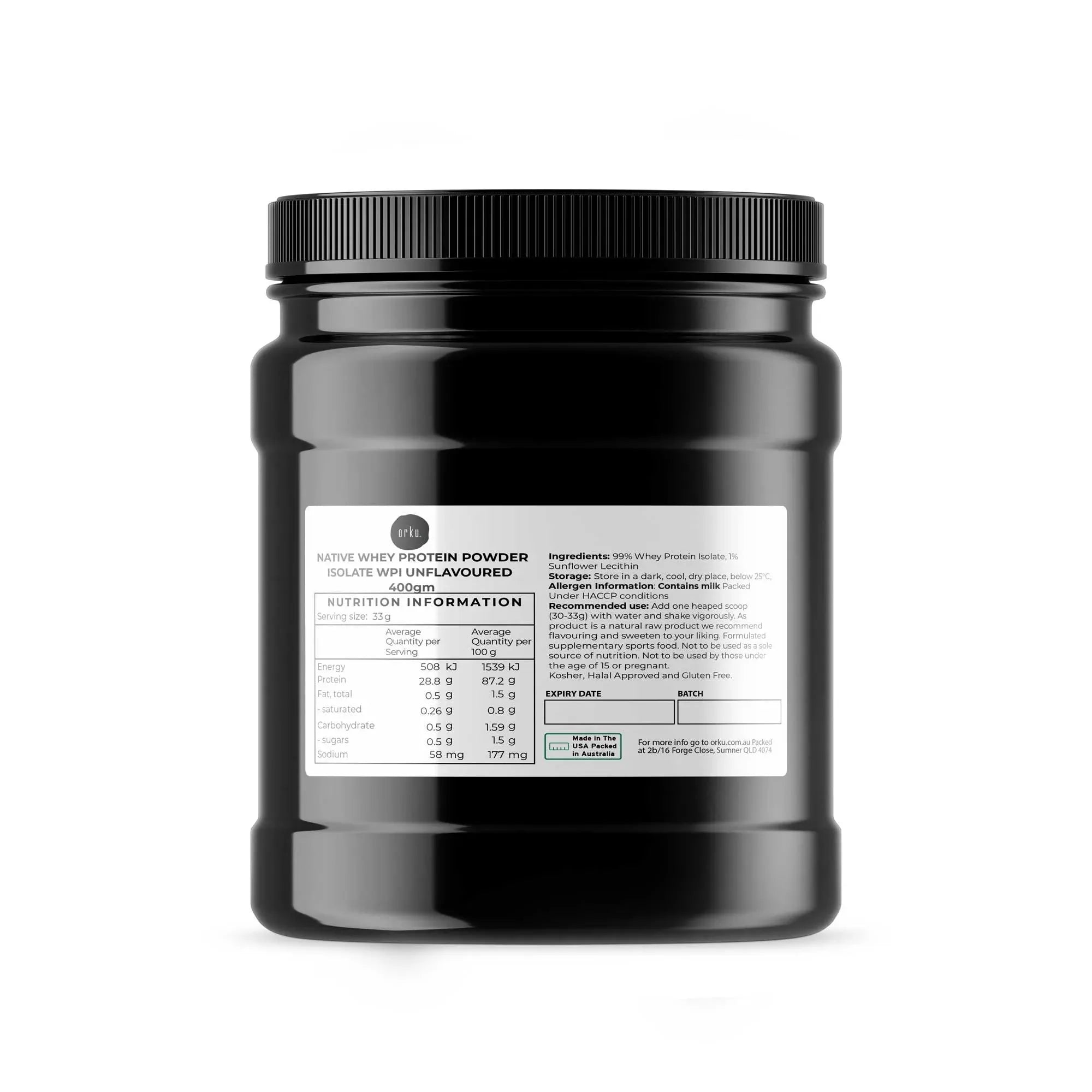 Orku 400g WPI Whey Protein Isolate Powder - Unflavoured Native Jar