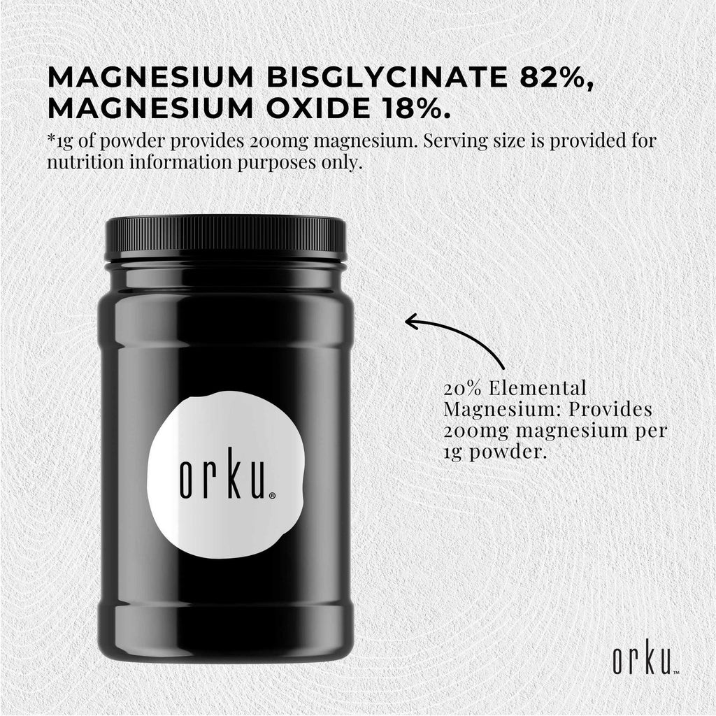 Orku 1Kg Magnesium Bisglycinate Powder Unflavoured Chelated - Jar
