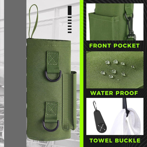 Black Magnetic Gym Water Bottle Pouch & Towel Clip with 6 High-Strength Magnets and Adjustable Strap - Fits 18oz to 40oz